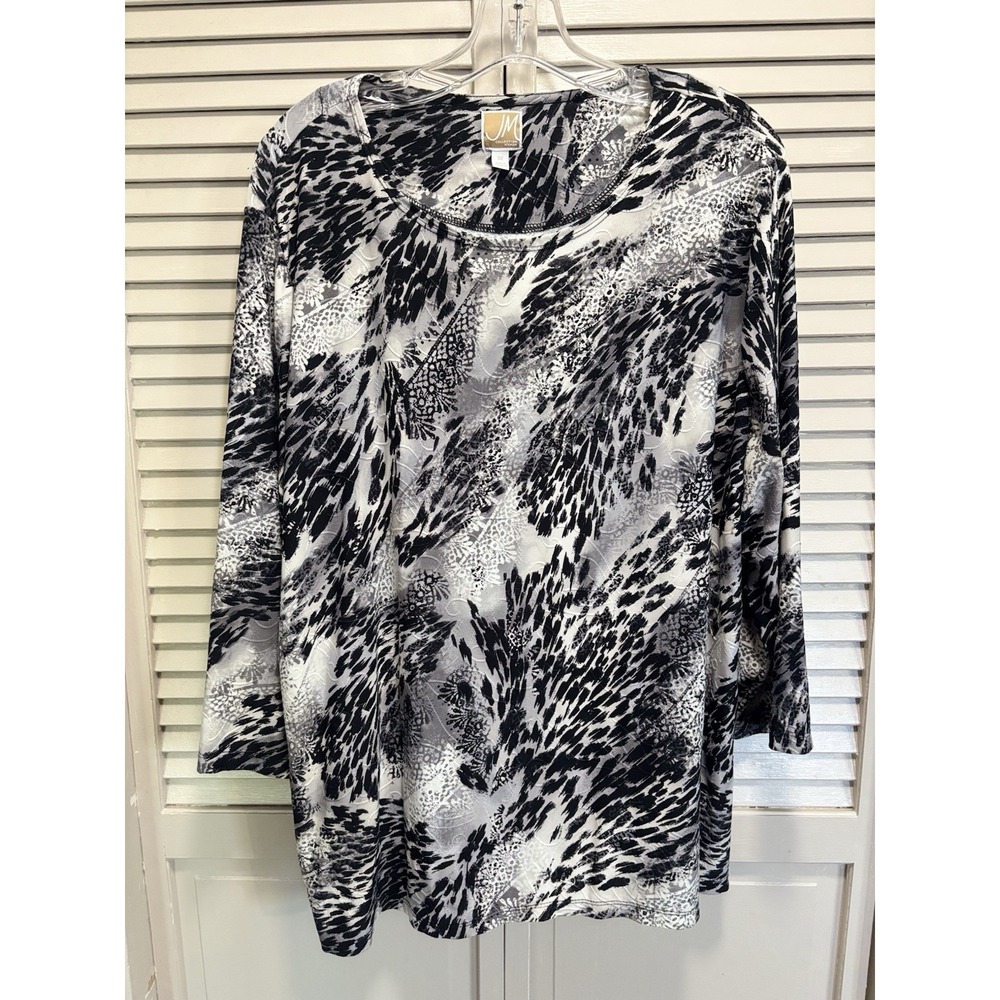 JM‎ Collection Black/Gray Long Sleeve Blouse Size 3XL Scoop Flowy